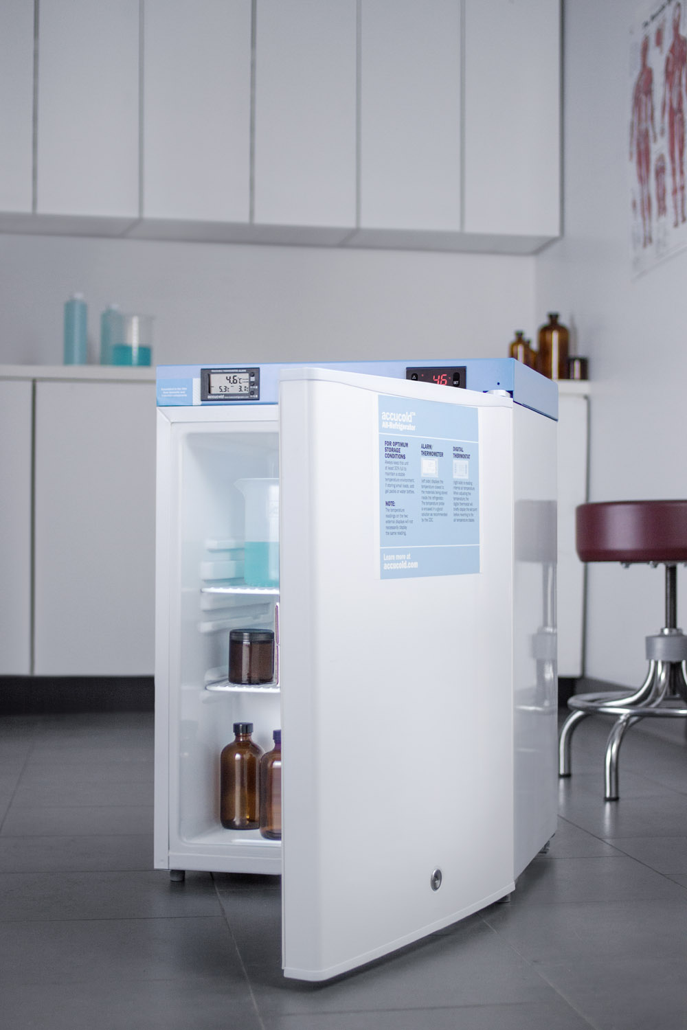 Compact auto defrost medical/scientific all-refrigerator with digital thermostat, NIST calibrated thermometer/alarm, front lock, hospital grade cord, and internal fan